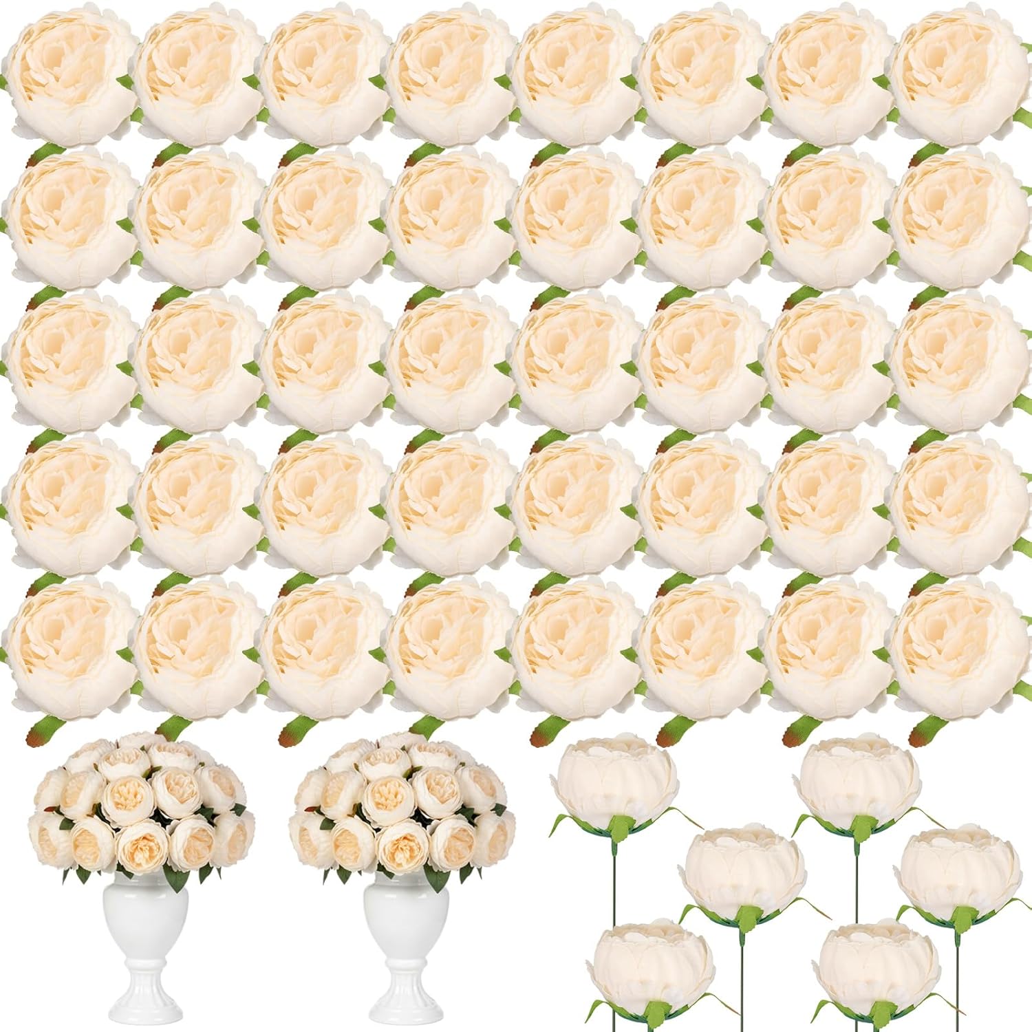 50 Pcs Artificial Peony Flower Bulk 3.5 Inch Silk Peony Flowers Heads With Stems Realistic Fake Roses For Diy Wedding Craft Bridal Bouquets Table Centerpieces Vase Home Decor (Cream?)