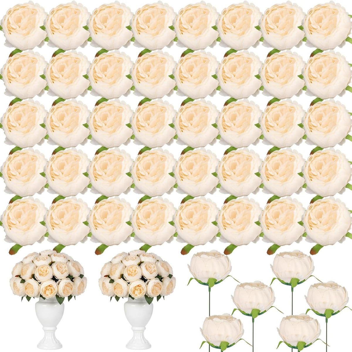 50 Pcs Artificial Peony Flower Bulk 3.5 Inch Silk Peony Flowers Heads With Stems Realistic Fake Roses For Diy Wedding Craft Bridal Bouquets Table Centerpieces Vase Home Decor (Cream?)