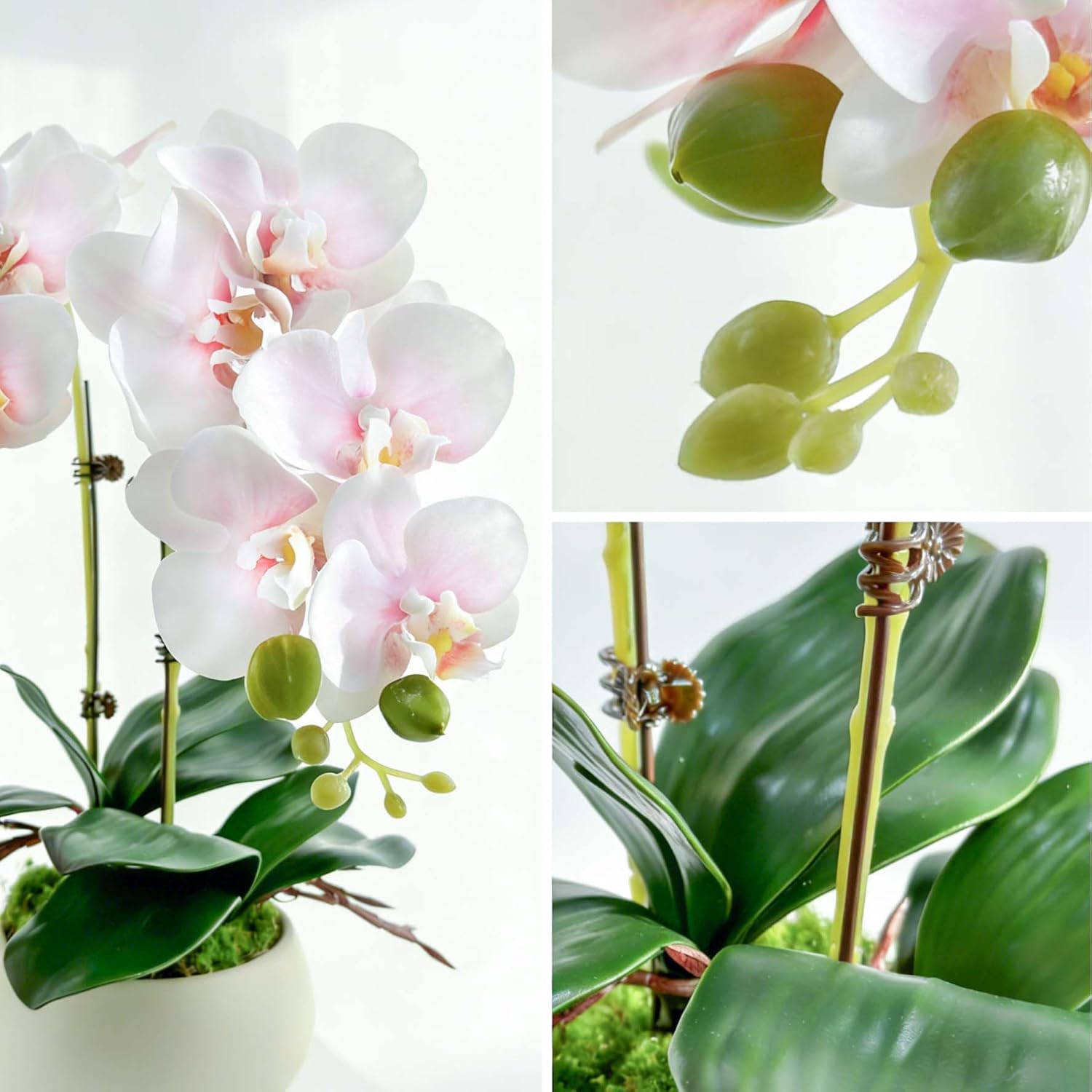 Realistic Artificial Phalaenopsis Orchid, 2 Stems Faux Orchid With 2 Rooted Leaves, No Maintenance Silk Flower With Bendable Stem For Home Office Decoration (Pale Pink)