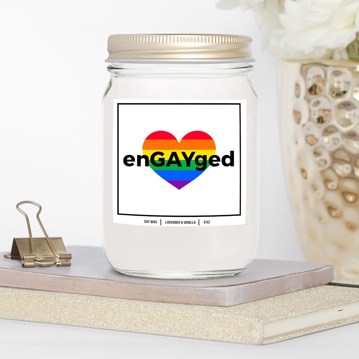 You Nique Designs Engayged Candle 8Oz - Gay Engagement Gifts For Gay Couples Men Lesbian - Engagement Surprise For Lesbian Couples - Gay Couple Gifts - Lesbian Bachelor Party (Lavender & Vanilla)