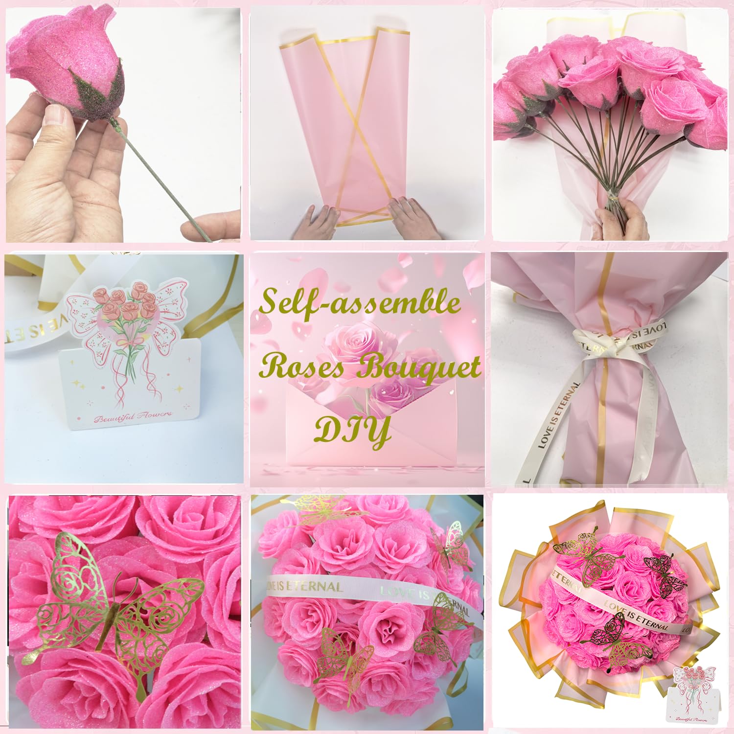 Pink Glitter Roses Gift For Her, Diy Artificial Rose Butterfly Flowers Bouquet Rose Gifts For Mothers Day Valentine Anniversary Birthday Gift For Women Wedding Decoration