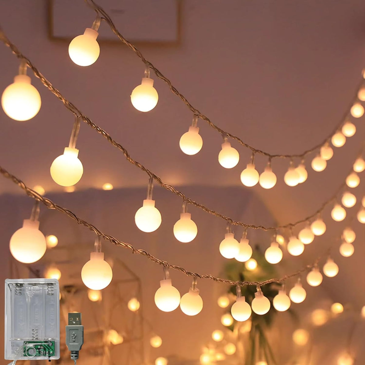 Battery Operated & Usb Powered 2 In 1 Globe String Lights, 32.8 Ft 80 Leds Fairy String Lights For Christmas Wedding Par