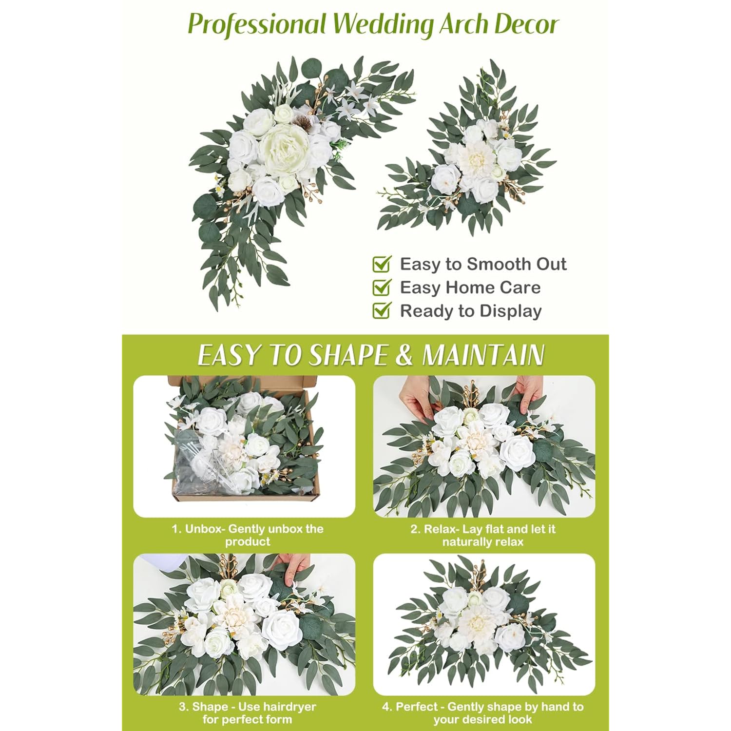 Wedding Arch Flowers Set Of 2, Artificial Flowers For Decoration For Wedding Ceremony Backdrop, Wedding Floral Arrangement For Arch, Wedding Welcome Signs, Reception Decor (White)