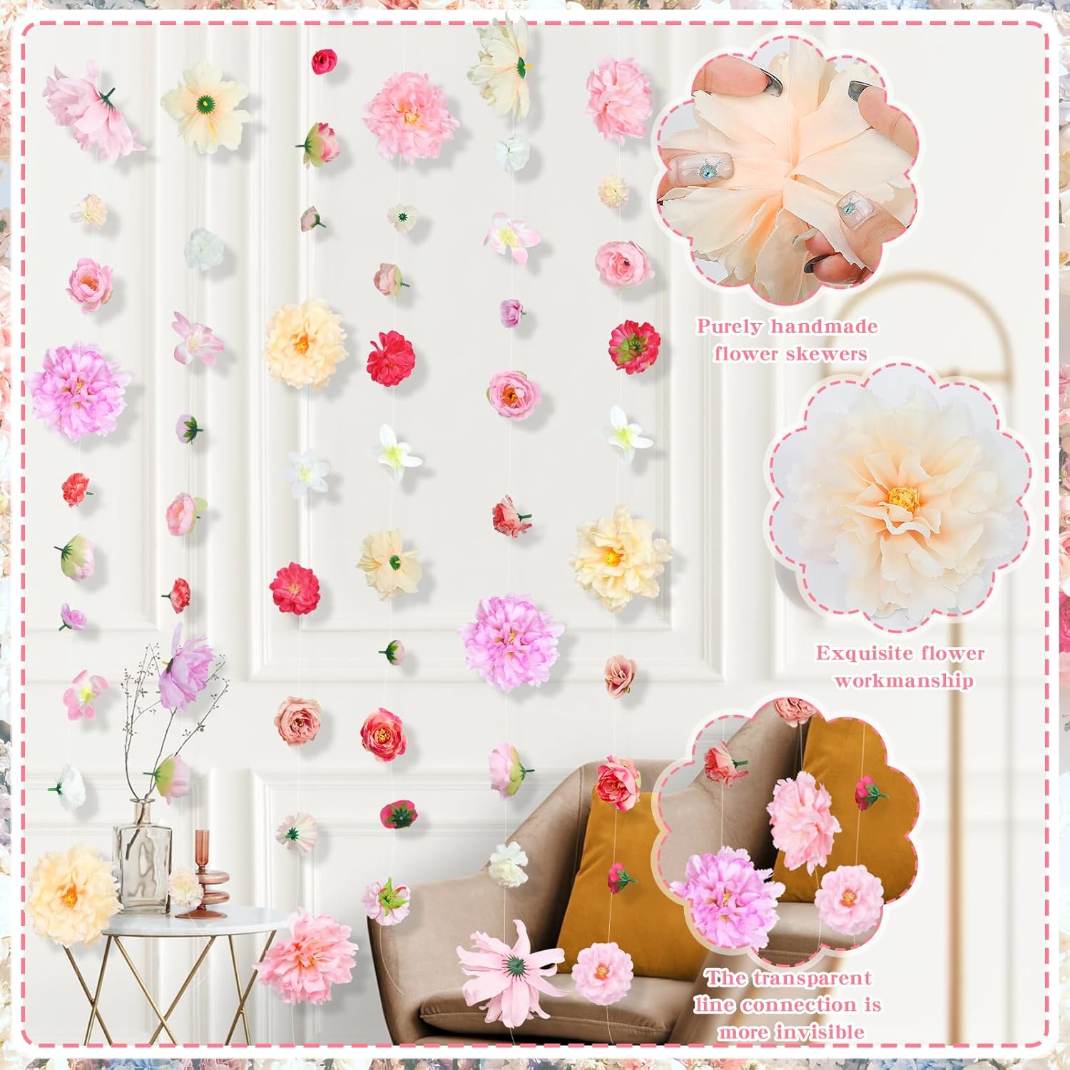6 Pcs Artificial Rose Flowers Hanging Decorations,13 Ft Dangling Fake Rose With Hooks Spring Party Decorations For Wedding Party Background Birthday Baby Shower Home Flower Garden Themed