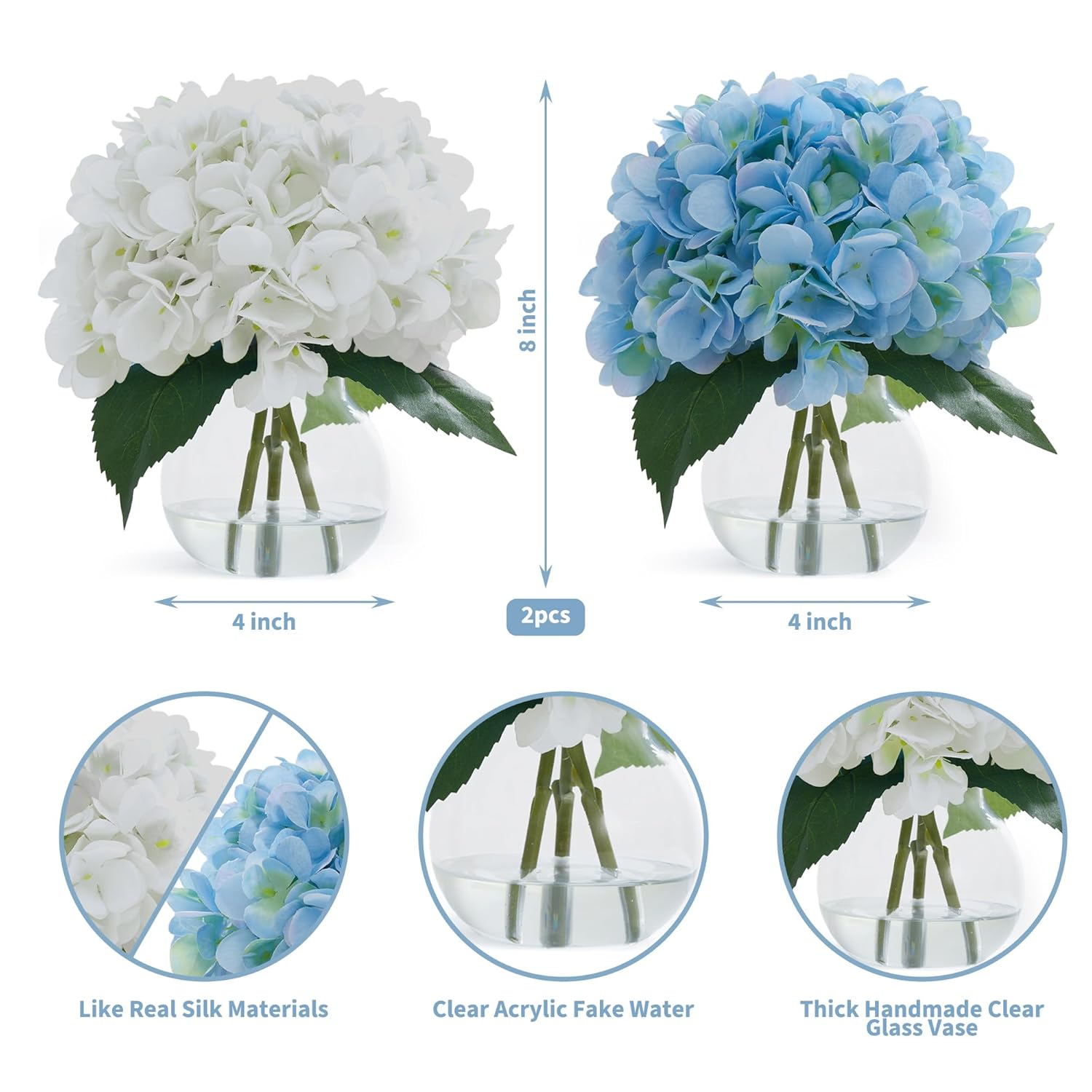 2-Pack Real Touch Artificial Hydrangea Flowers In Vase With Wood Bead String, Lifelike Faux Hydrangea Bouquet For Home Table Centerpieces, Bathroom & Office Decor?White & Blue