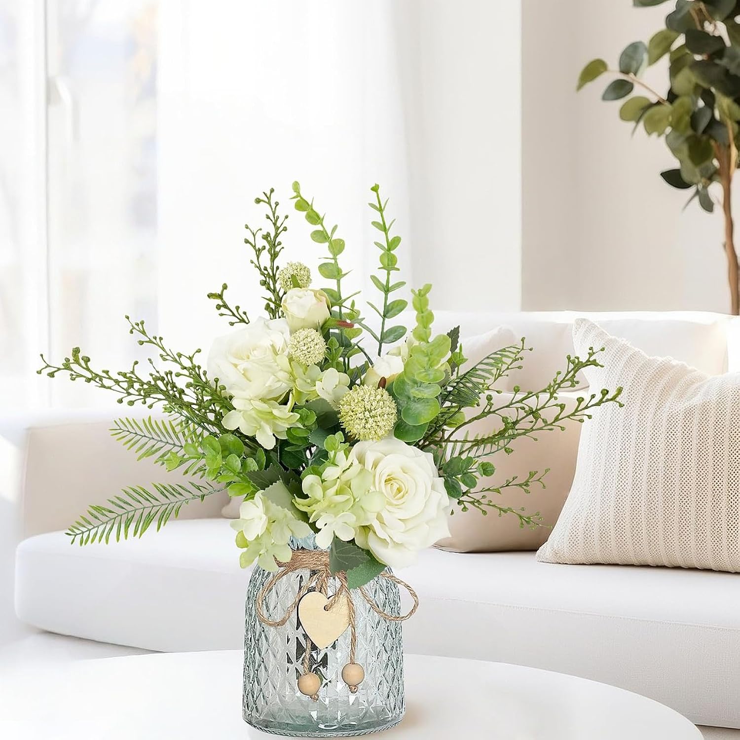 Artificial Flowers Plant With Vase, Faux Silk Roses Floral Hydrangea With Berry Fern Lveaves Decor In Vase, Table Centerpiece Decorations Wedding Bouquets For Party Office Farmhouse Kitchen Home Decor