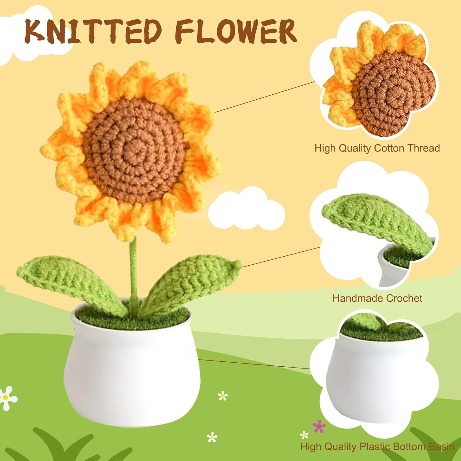 Crochet Flowers Artifical Sunflower For Office Desk Car Dashboard Decor Motivational Gifts For Women Handmade Knitted Flowers Birthday Christmas Party Home Decoration (Sunflower)