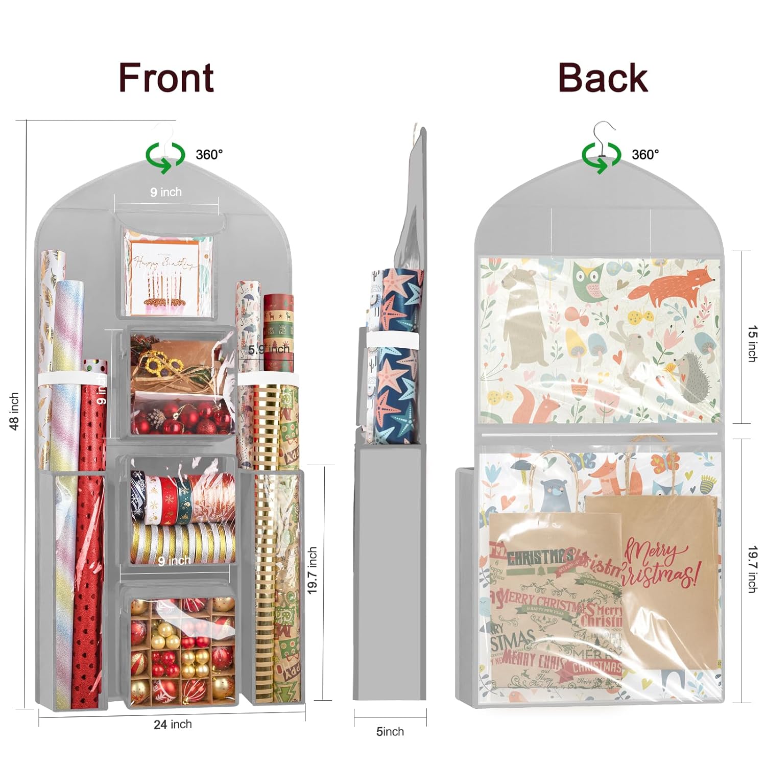 Hanging Gift Wrapping Paper Storage, 48X24 (Extra Large) Grey Double-Sided Christmas Wrapper Bag Container, Oxford Long Craft Roll Organizer, Present Wrap Holder For Closet, Door