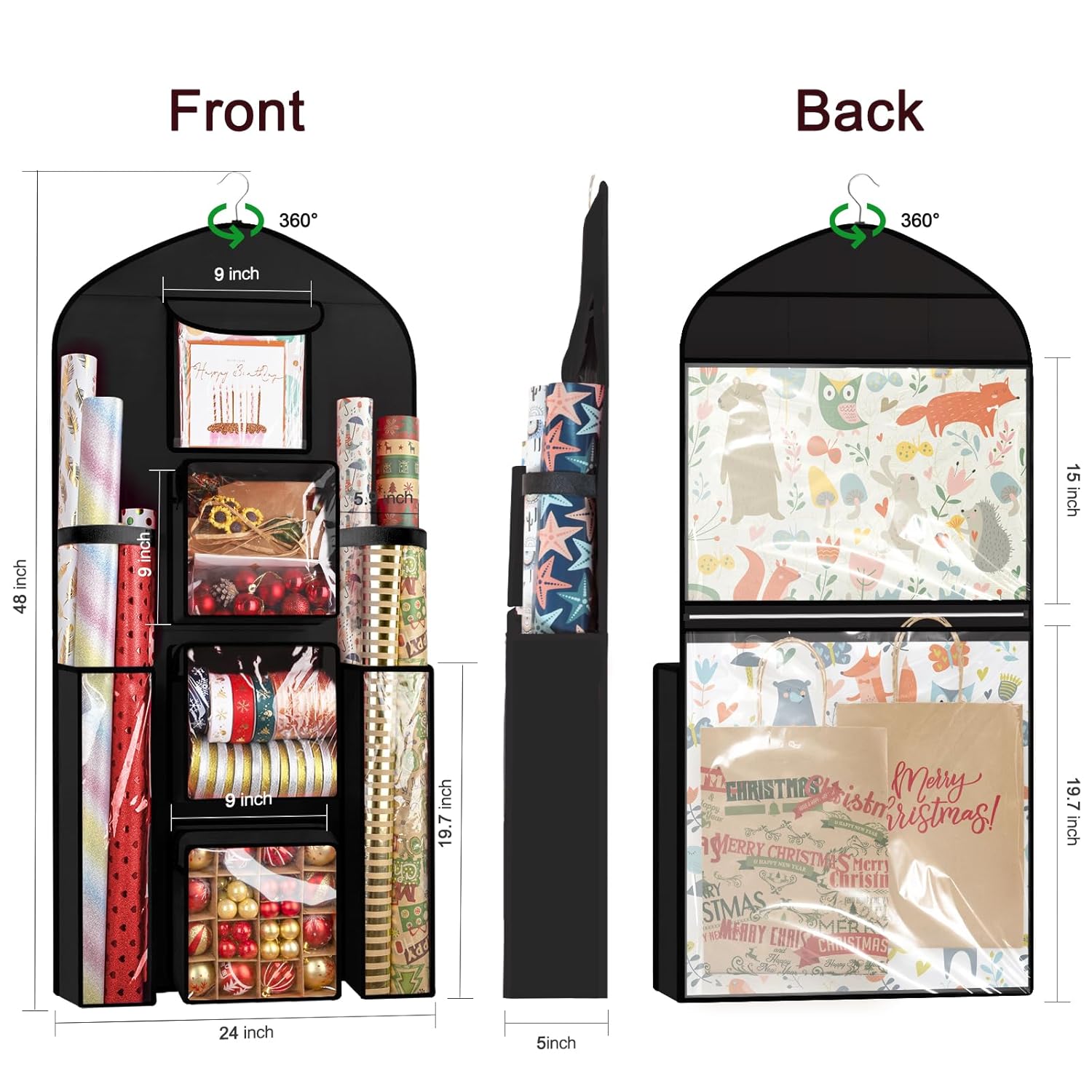 Hanging Gift Wrapping Paper Storage, 48X24 (Extra Large) Black Double-Sided Christmas Wrapper Bag Container, Oxford Long Craft Roll Organizer, Present Wrap Holder For Closet, Door