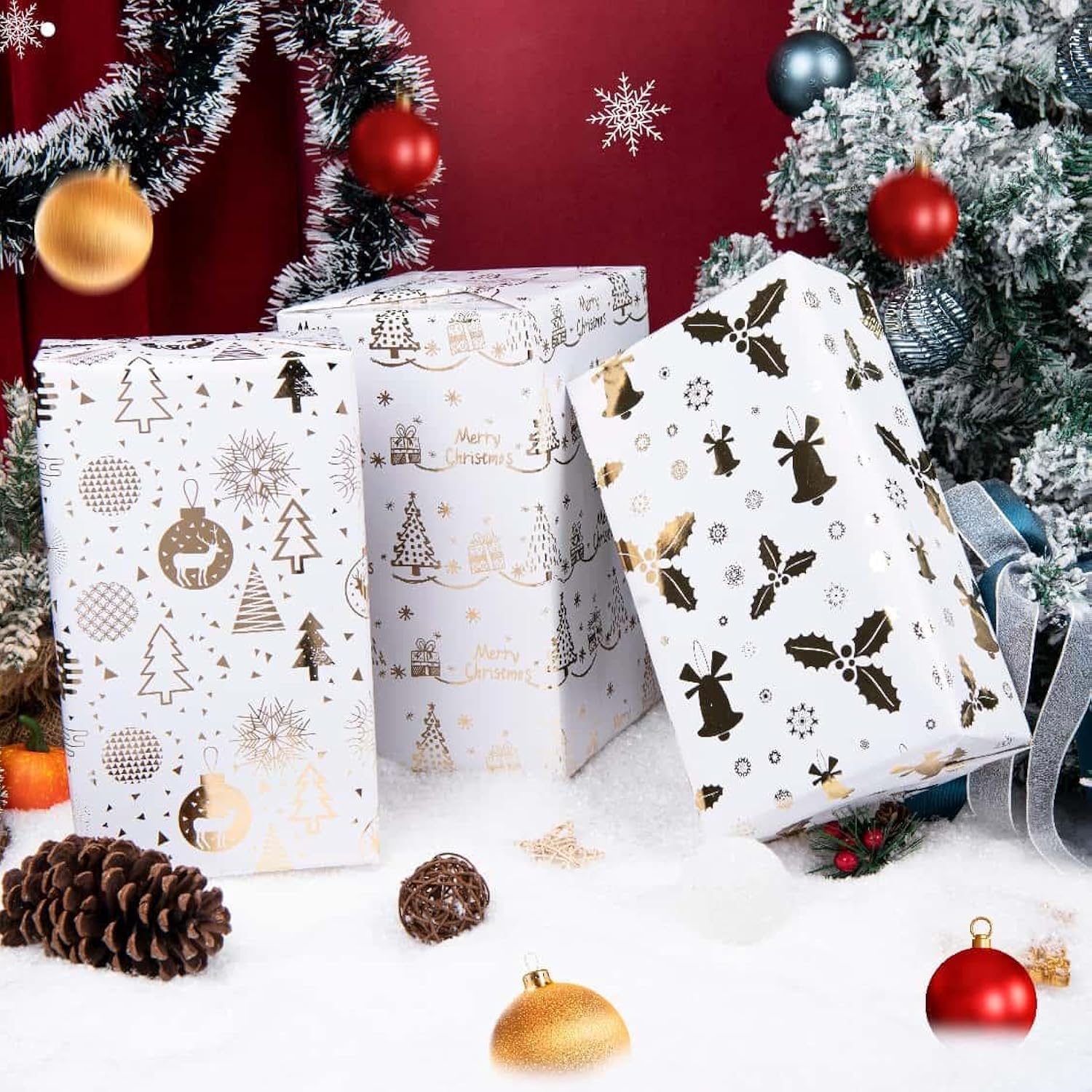 Christmas Wrapping Paper Rolls -3 Large Roll-27Inch*78 Inch Per Roll Colorful Foil White Gold Wrapping Paper(Christmas 3 White/Gold?002?)