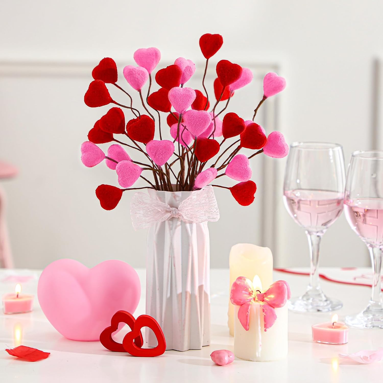12Pcs Valentine'S Day Decoration Heart Shaped Artificial Berry Stems Valentines Picks Flower Bouquets Flocked Pink Red Decor For Valentine'S Day Home Vase Table Centerpiece Tree Topper