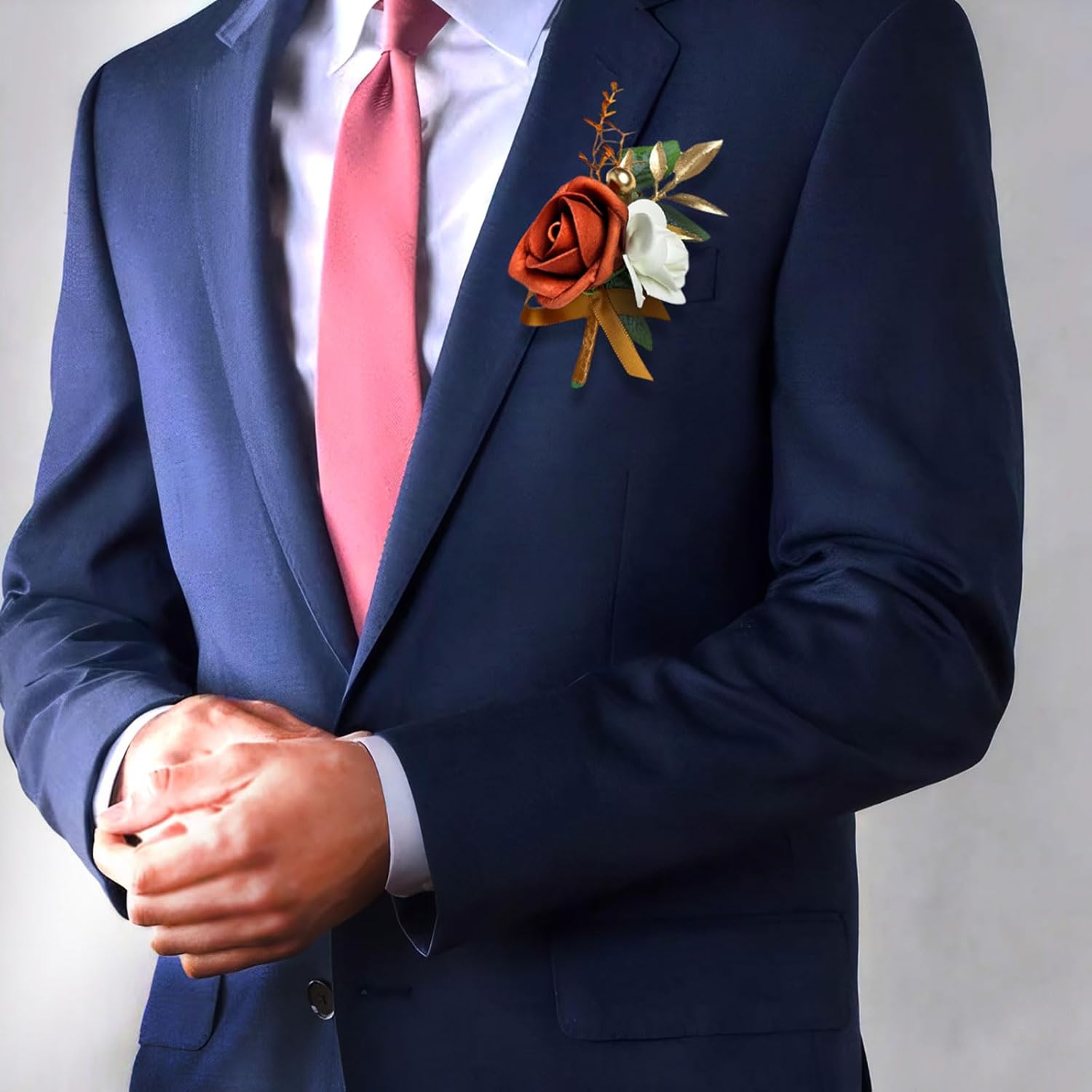Wedding Wrist Corsage And Boutonniere Set For Bride Bridesmaids Mother Groom Groomsmen Parents Floral Suit Buttonhole Pocket Flower Decor For Prom Homecoming Tea Party Formal Dinner (Terracotta)