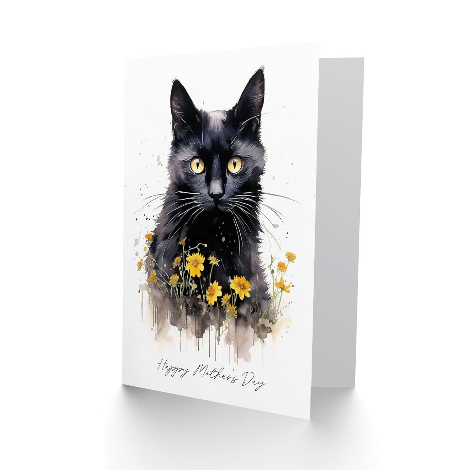 Mother'S Day Greeting Card Black Cat Lover Yellow Flowers For Mum