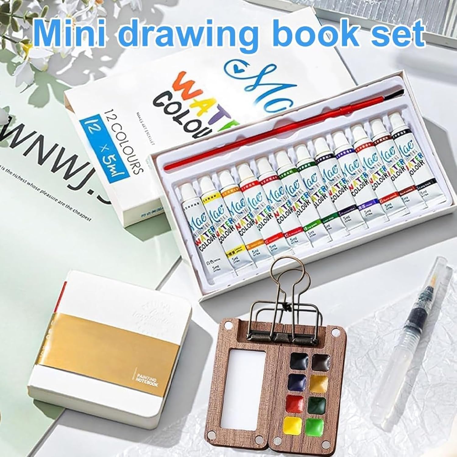 Tobios Watercolor Kit?Mini Travel Watercolor Paint Set,Pocket Artist Watercolor Set With Paint,Brush,Nano Palette,Walnut Wood,Wooden Paint Box For Painters Artists Students