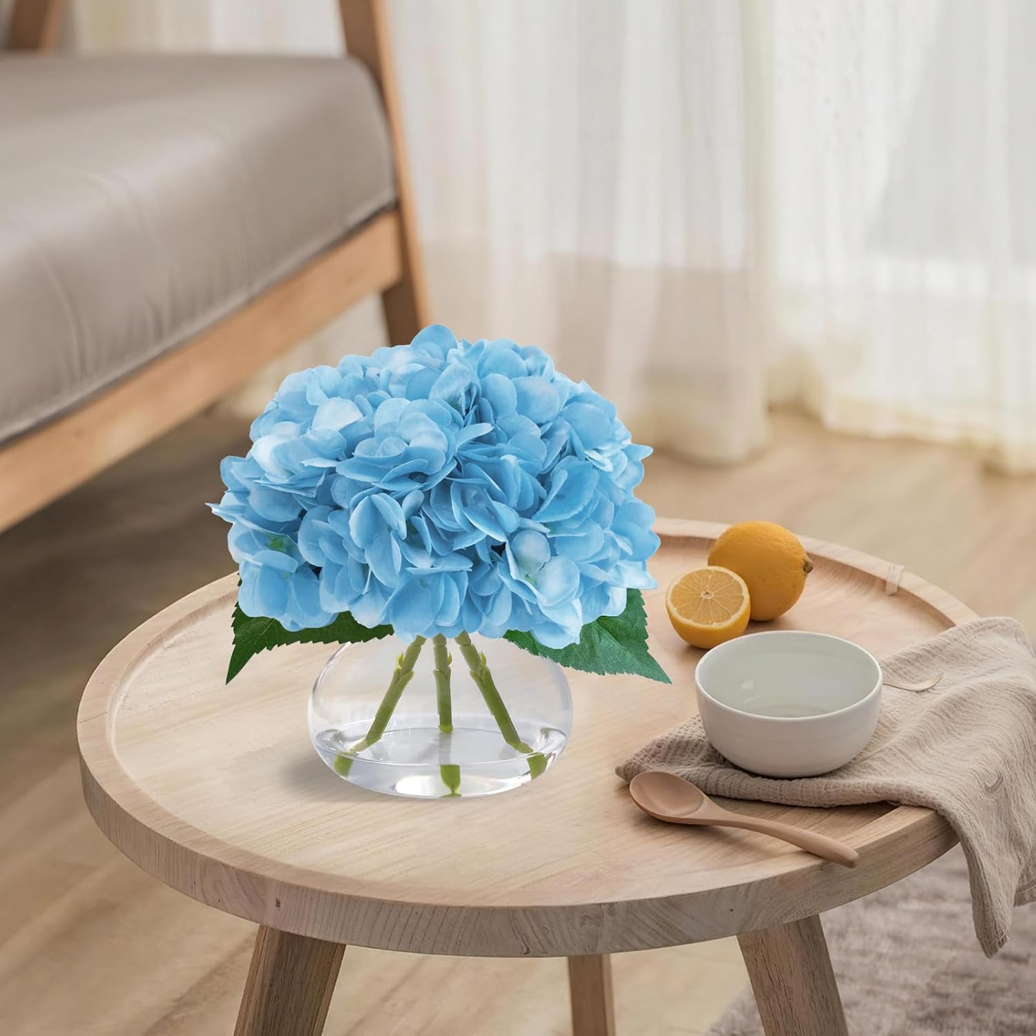 Big Petals Hydrangea Artificial Flowers In Vase, Blue Silk Fake Flowers Silk Centerpiece Table Decorations For Dining Room,Coffee Table Decor,Wedding, Home With Faux Water Decorr (Sea Blue)