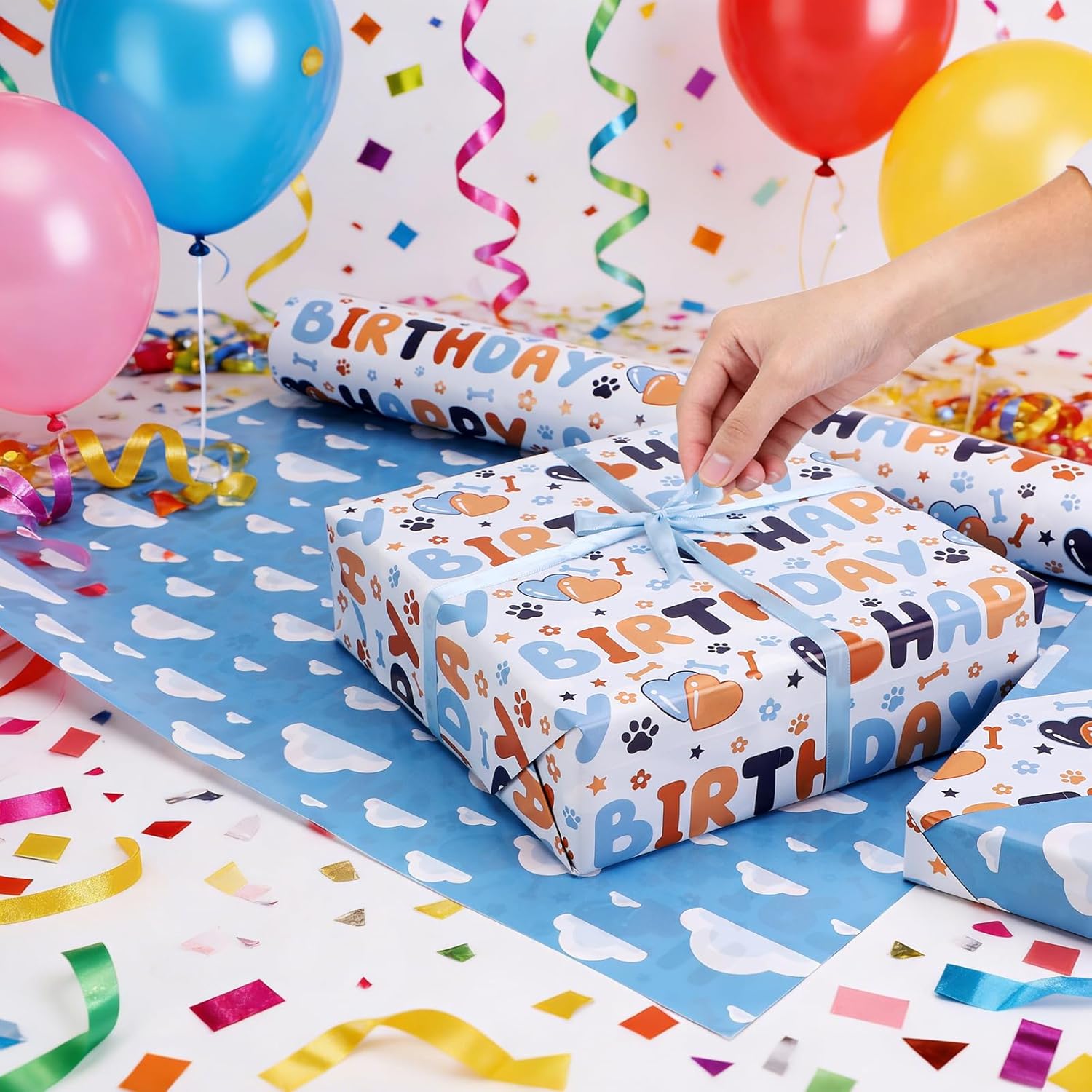 Reversible Happy Birthday Wrapping Paper - 8 Sheets | Blue & Orange Dog Paw Design + Sky-White Clouds Pattern Gift Wrap Paper For Kids’ Birthdays, Baby Showers & Holiday Greetings 19.7" X 27.6"