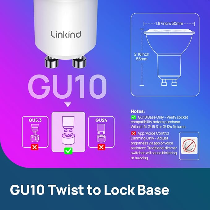 GU10 Smart Light Bulbs 4 Pack 40W Equivalent 470LM Color Changing Alexa Google Apple Home Music Sync
