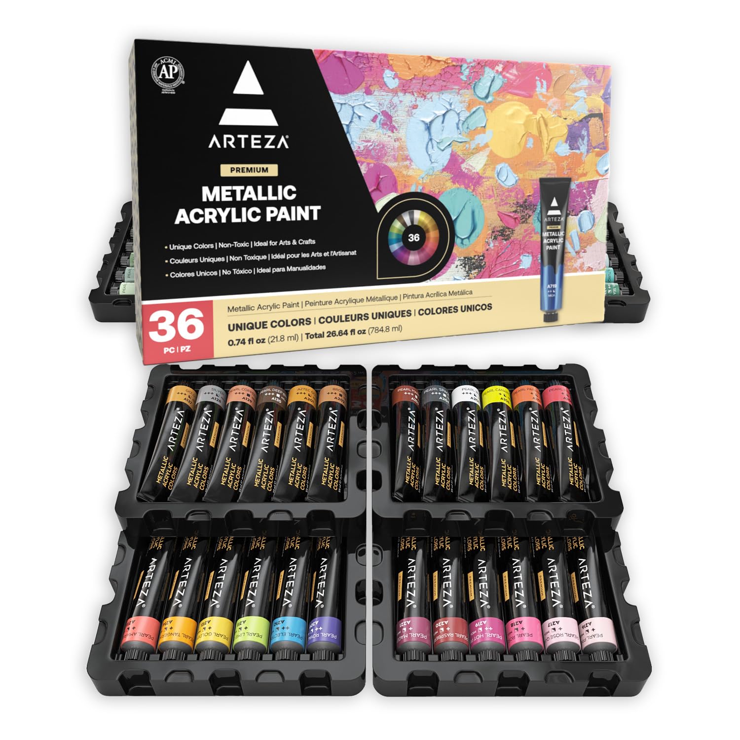 Metallic Acrylic Paint Set Of 36 Colors, 0.74 Ounce Tubes Artist Paints For Hobby Painters, Art Supplies For Canvas Painting