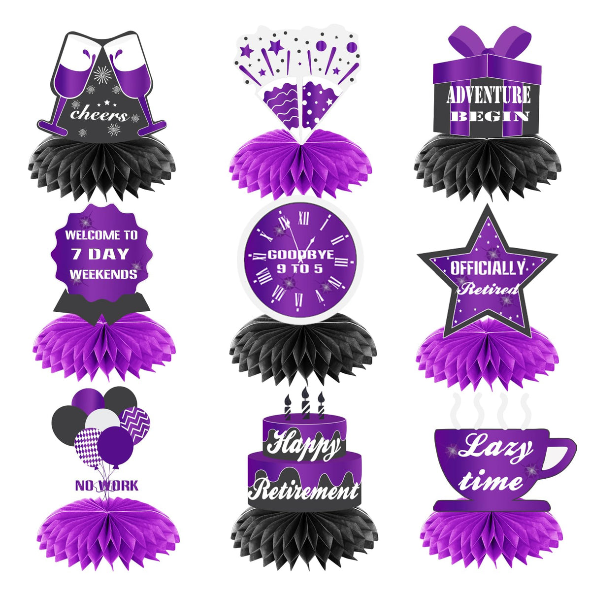 9Pcs Purple Black Happy Retirement Decorations Table Honeycomb Centerpieces Party Supplies Adventure Awaits Sign for Men Retired Decor Goodbye Signs