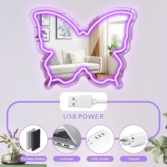 Butterfly Neon Sign Mirror Purple LED Wall Light USB Dimmable Bedroom Decor for Girls Kids