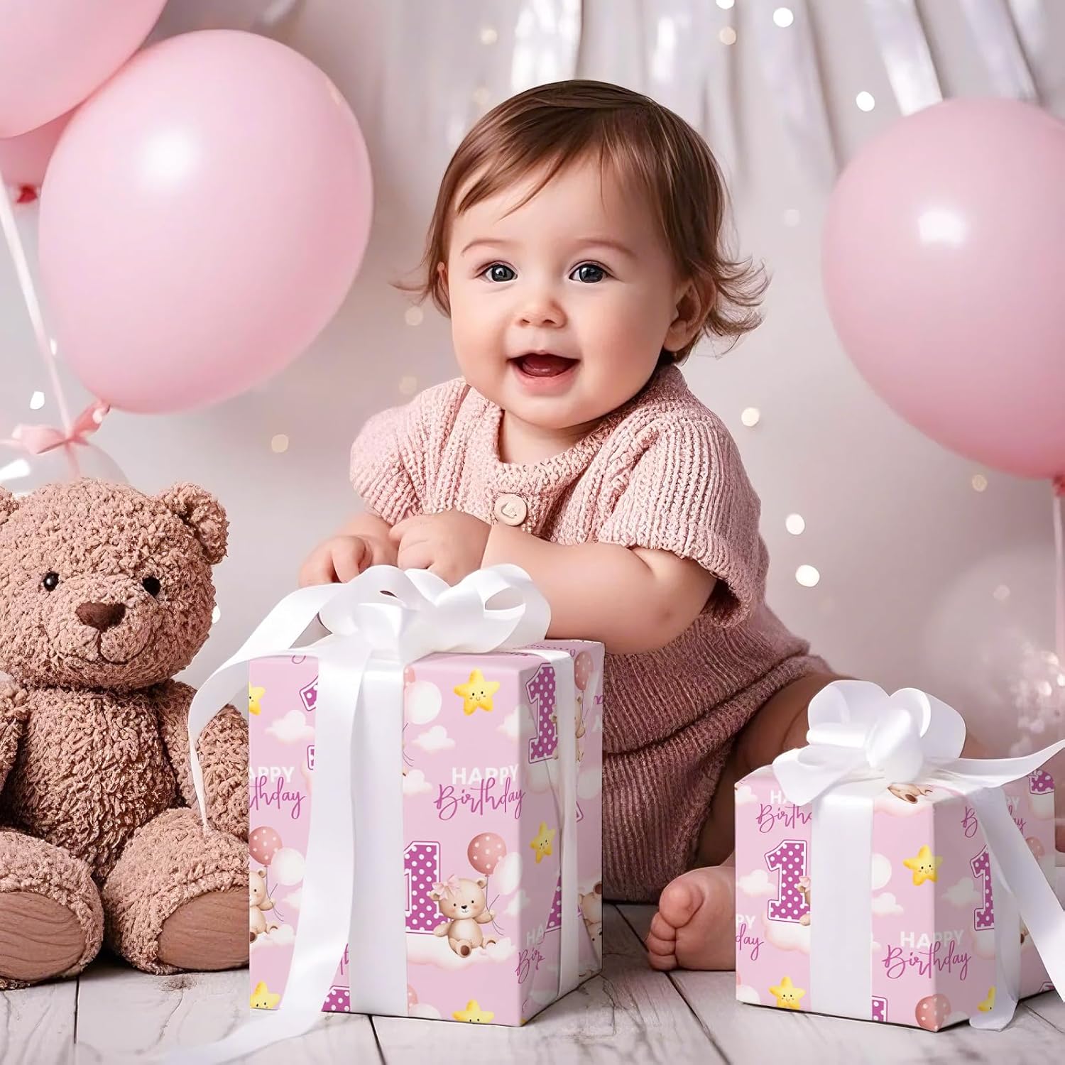 1St Birthday Wrapping Paper Roll For Toddler Girl, Mini Roll, Pink Bear Balloons And Number 1 Gift Wrap Paper For First Birthday Party, Baby Shower Celebration, 17 Inches X 16.4 Feet