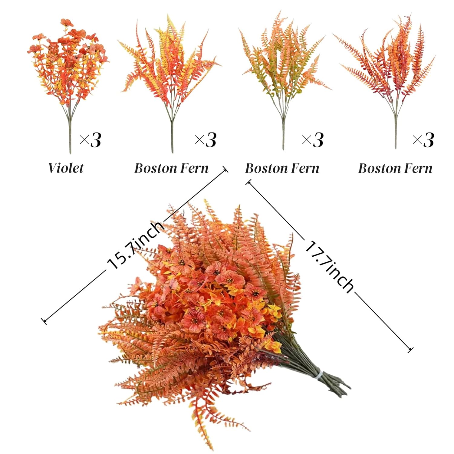 Artificial Fall Flowers ,12Pcs Thanksgiving Decorations, Outdoor Uv Resistat Silk Violet Boston Fern Flowers Bunches,Fake Mums Faux Plants For Outside Garden Front Porch Sidewalk Window Box (Orange-2)