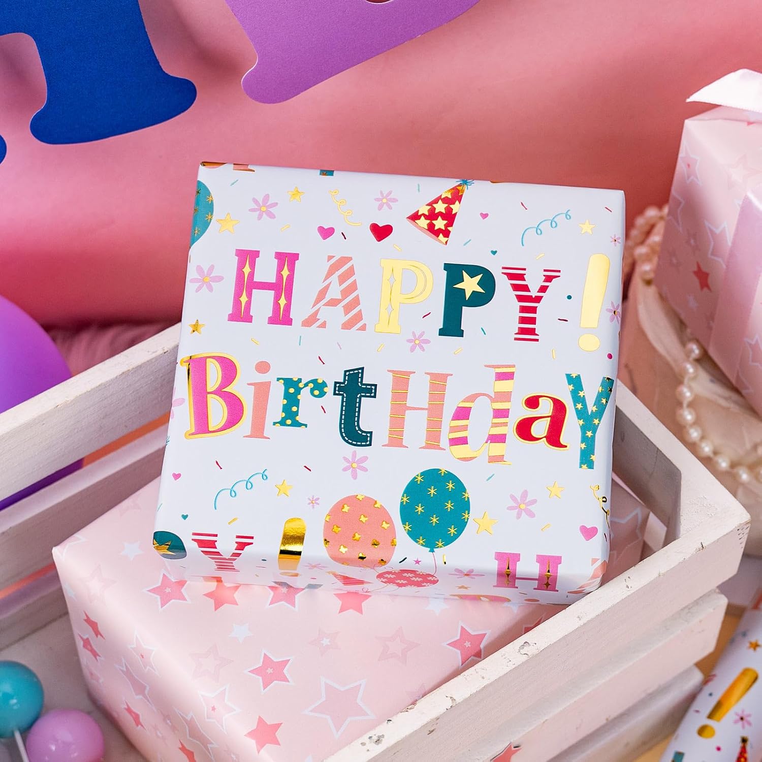 Reversible Colorful Wrapping Paper - Mini Roll - 17 In X 16.5 Ft(23.3 Sq.Ft.Ttl.) Foil Happy Birthday Letter & Balloon Design For Birthday