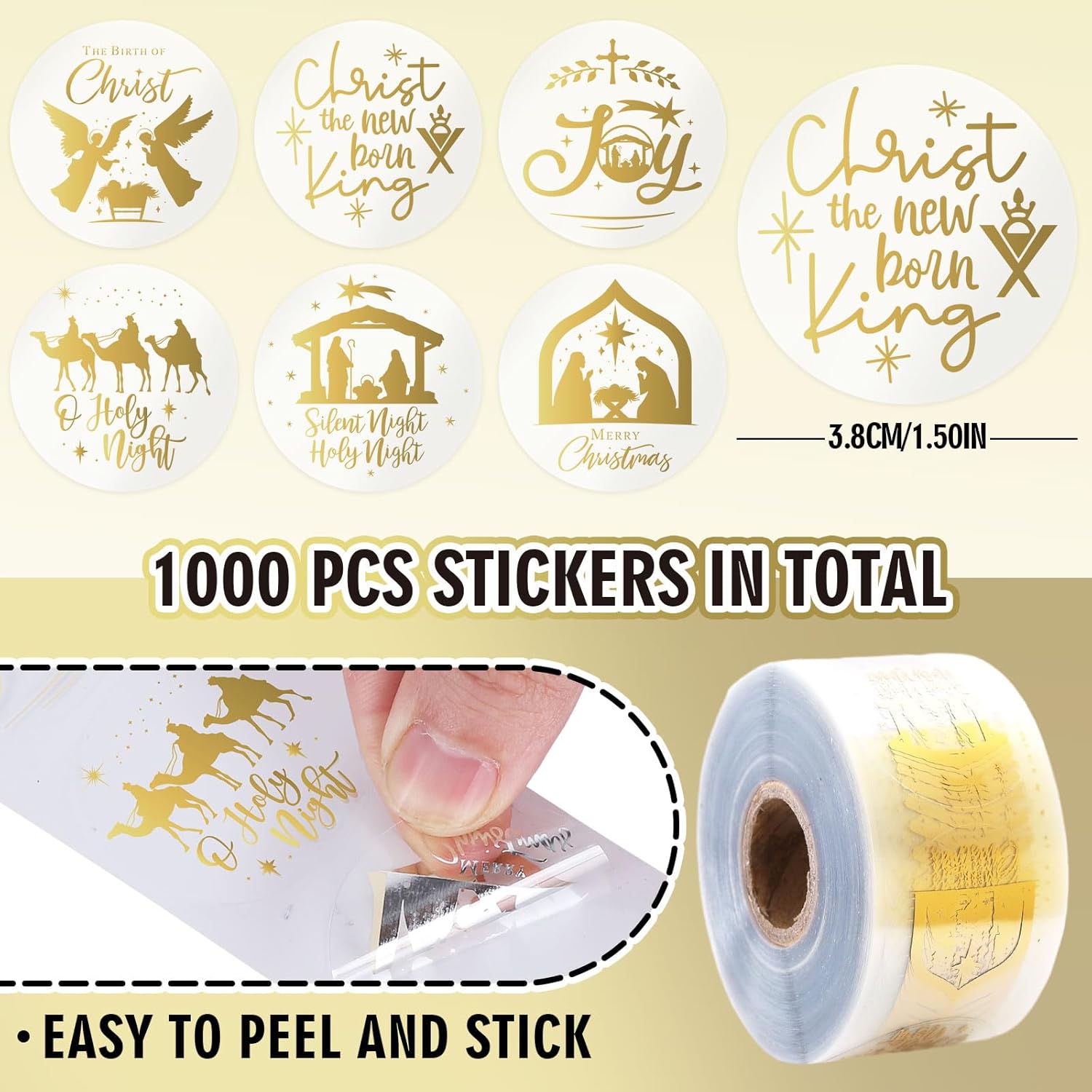 1000Pcs Clear Christmas Stickers Roll Gold Foil Nativity Scene Stickers Xmas Winter Holiday Round Adhesive Label Stickers Decal For Xmas Envelopes Invitations Cards Gifts Decor, 6 Designs