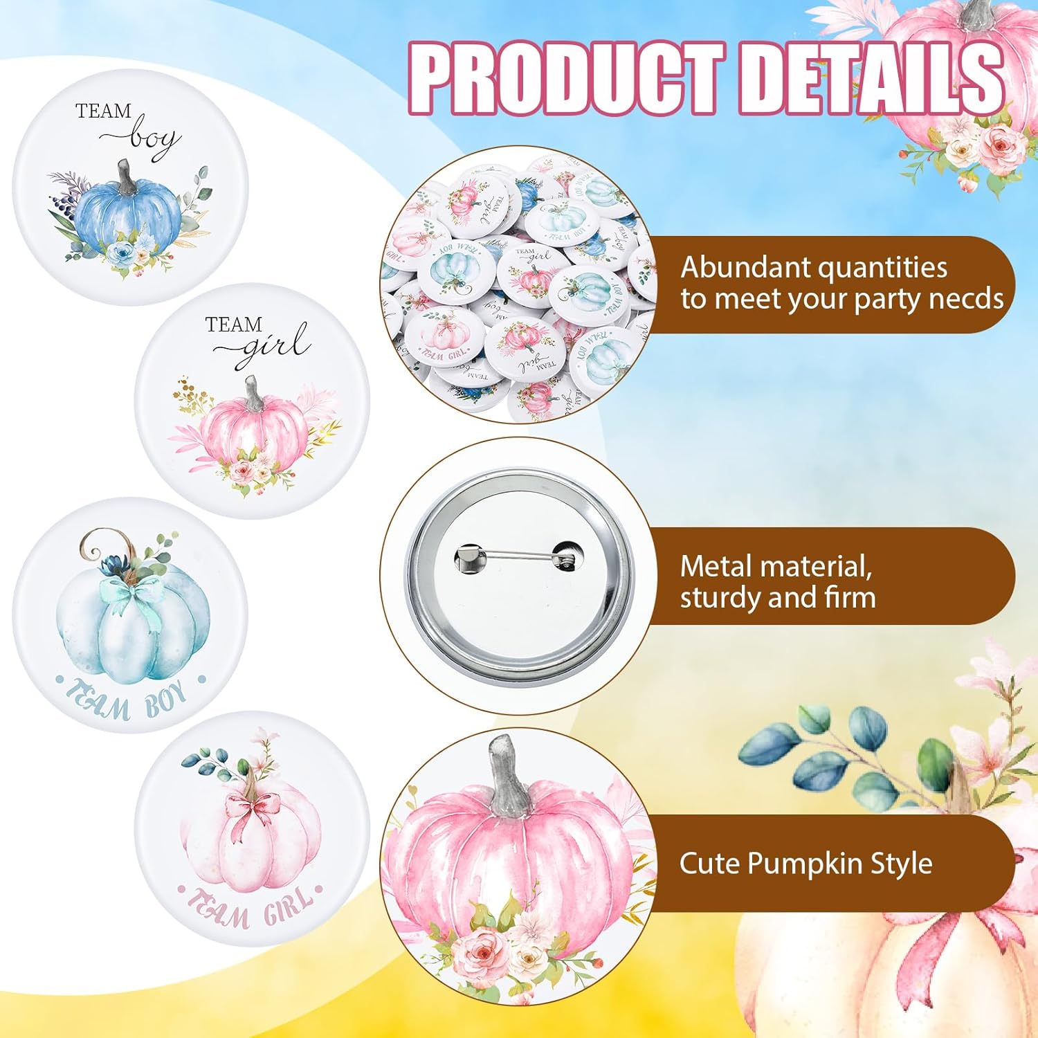 52 Pcs Thanksgiving Fall Gender Reveal Pins Baby Shower Boy Or Girl Team Buttons Floral Pins For Reveal Party Games Supplies And Baby Showers Decorations