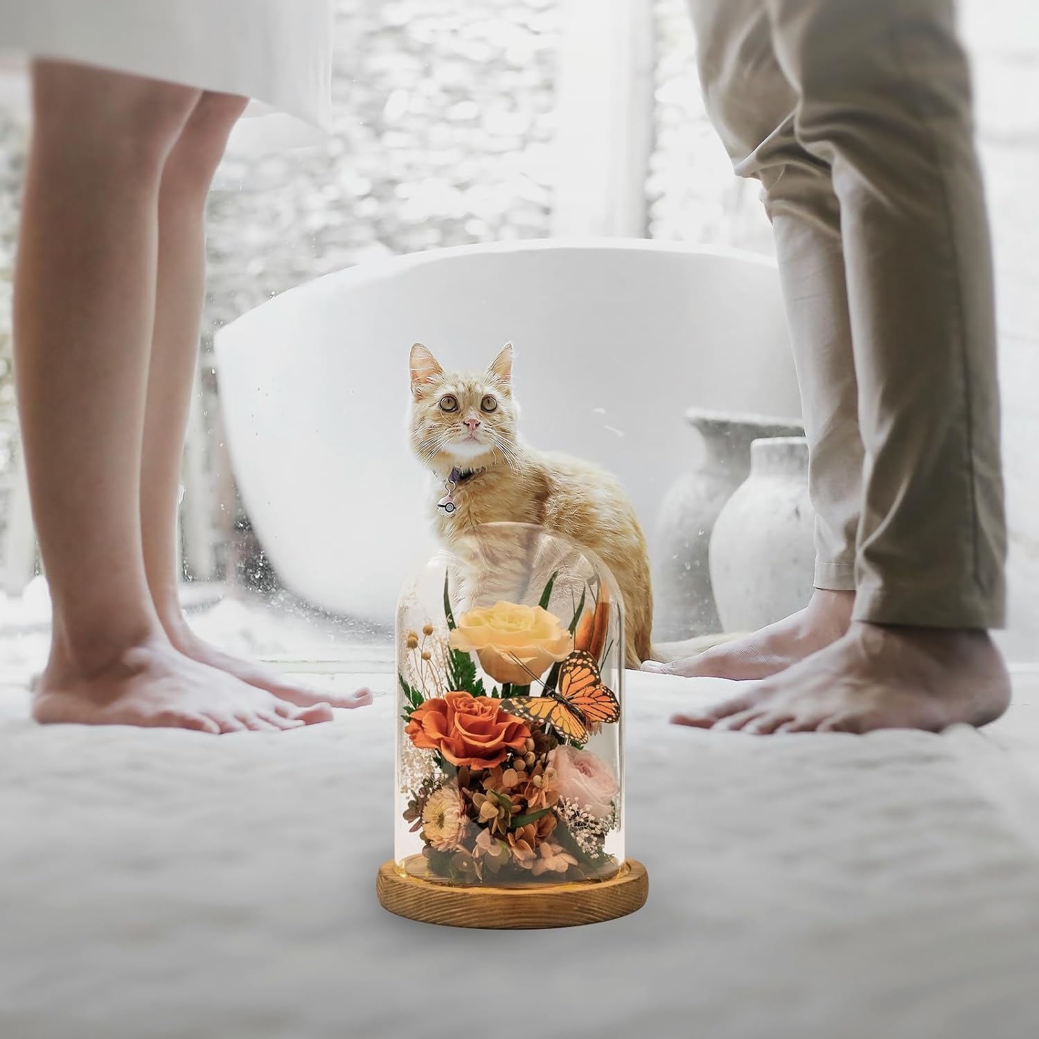 Eternal Flower With Butterfly: Big Flowers Big Love-Elegant Flower In Glass Dome-Thanksgiving, Christmas, Mom Gifts For Her-Flowers For Delivery Prime-Floral Arrangements (Orange)