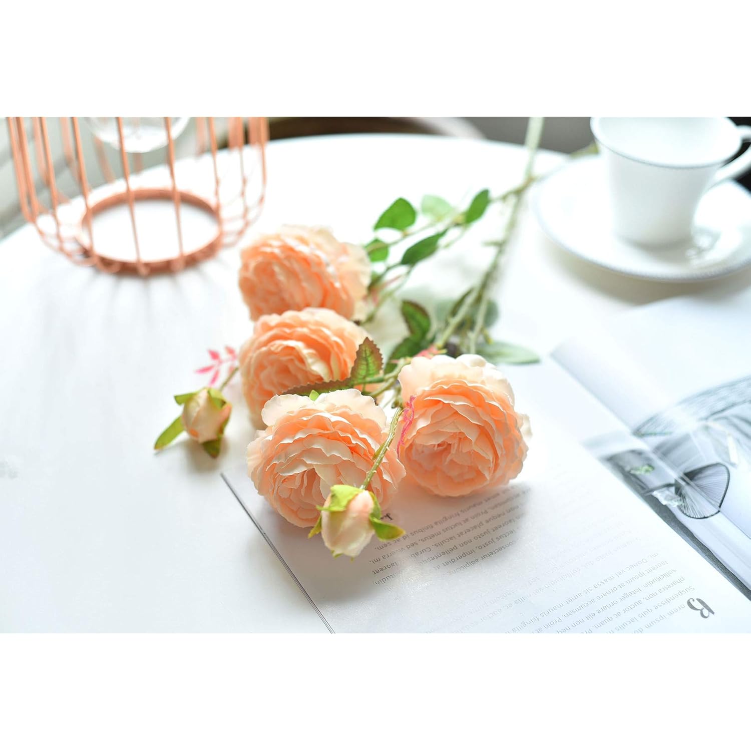 Faux English Cabbage Rose 4 Branch 12 Stems Bundle Mixed Blooms & Buds Spays In Peach Pink, Artificial Silk Flowers & Fake Greenery, Indoor Outdoor Wedding Home Decor