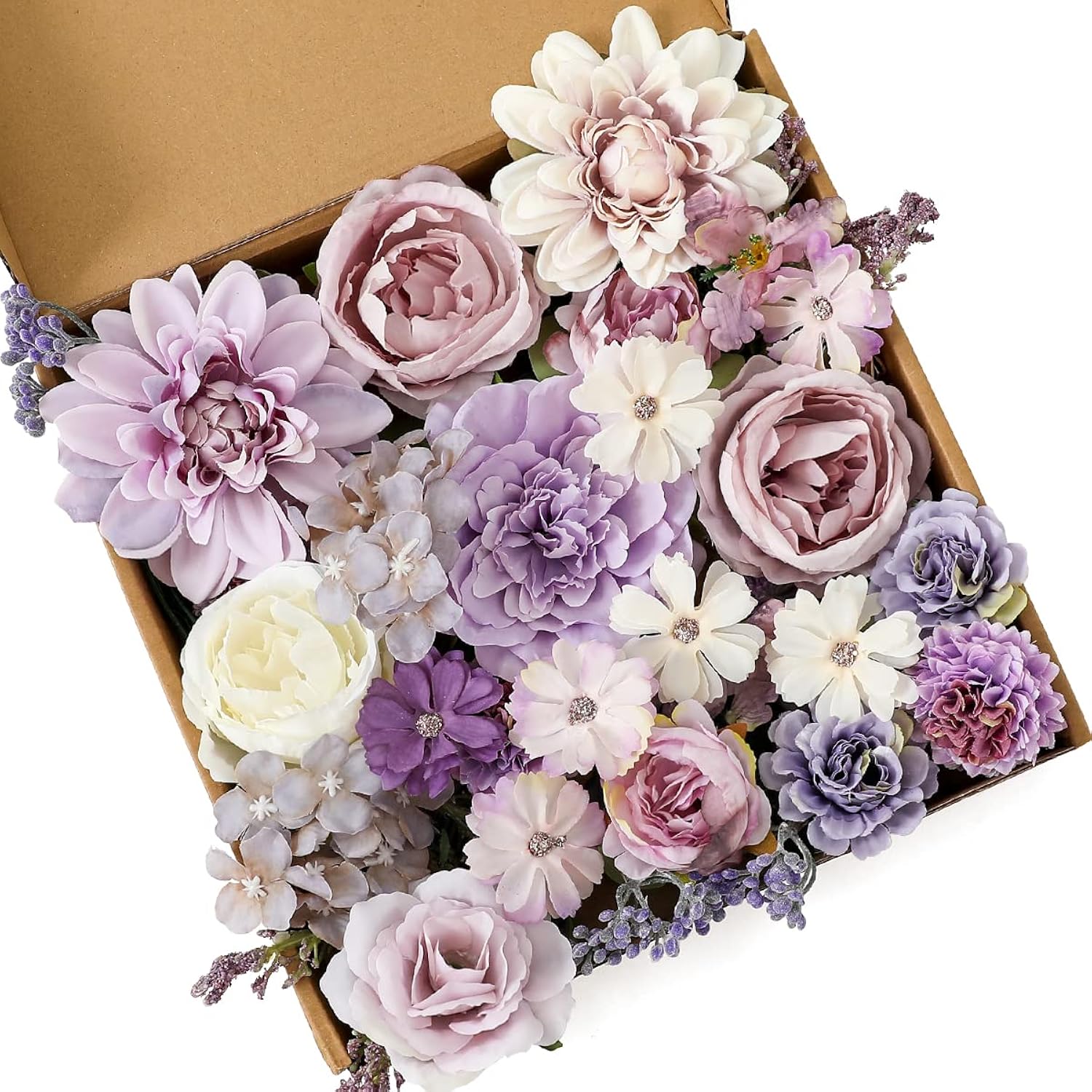 Purple Artificial Flowers Combo Cake Flowers Decorations Fake Peony Silk Roses Gift Box For Diy Wedding Bridal Bouquet Centerpieces Arrangements Party Baby Shower Holiday Decor (Purple)