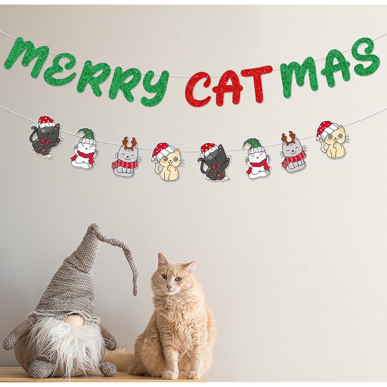 Glittery Merry Catmas Banner With Christmas Cat Patterns Green Red Meowy Christmas Fireplace Wall Garland Cat Themed Merry Xmas Holiday Party Decorations