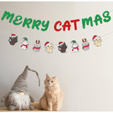 Glittery Merry Catmas Banner With Christmas Cat Patterns Green Red Meowy Christmas Fireplace Wall Garland Cat Themed Merry Xmas Holiday Party Decorations