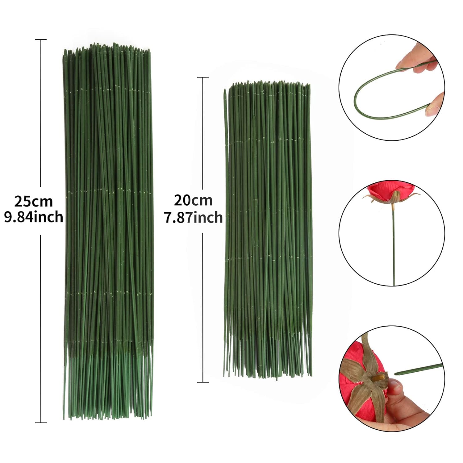 200Pcs Floral Wire Stems, 7.87Inch/9.84 Inch Dark Green Bouquet Stems 2Mm Diameter For Flower Arrangements, Diy Crafts And Making Supplies