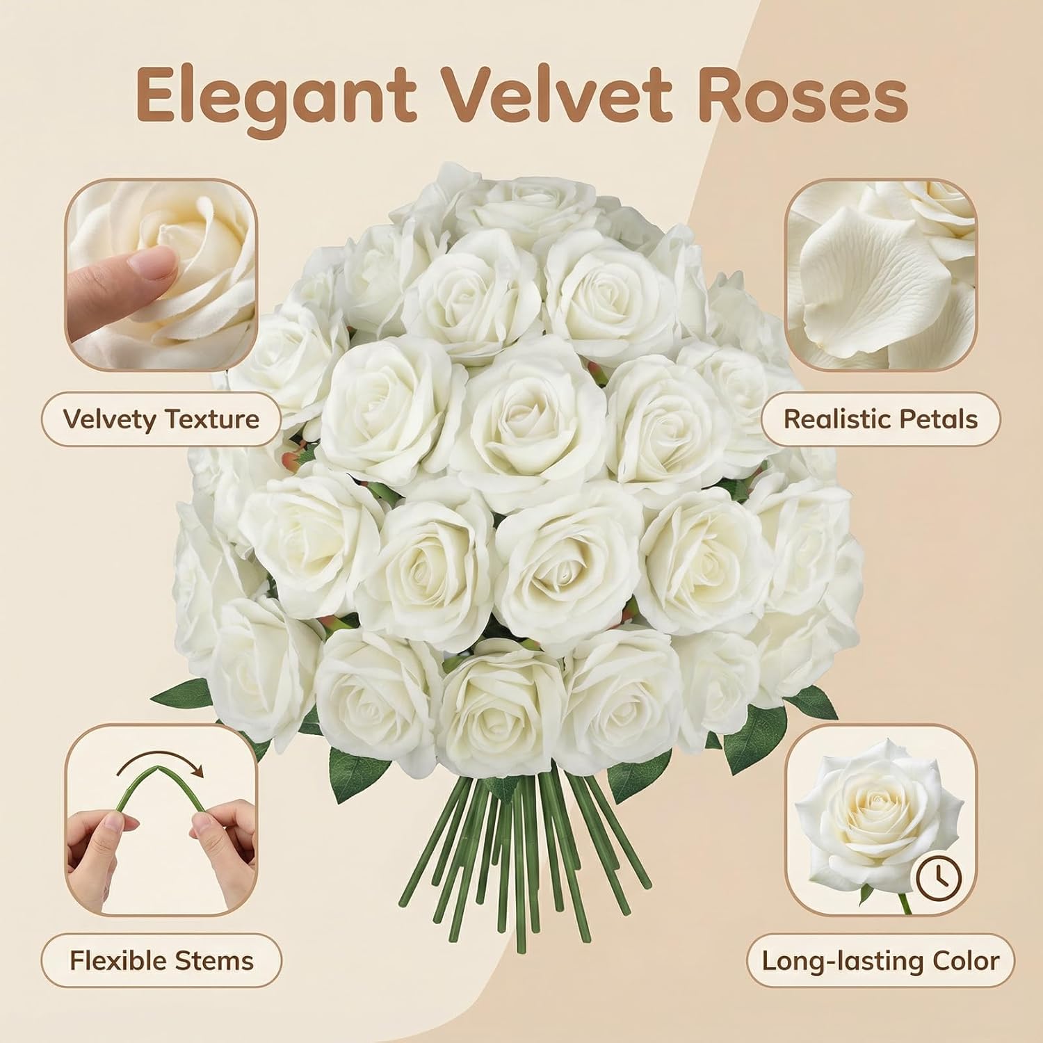 25Pcs Real Touch Fake Roses 4 Inches Velvet Faux Roses Realistic Artificial Flowers Silk Roses With Stems Bouquet For Wedding Decor Decorations Table Decor Centerpieces(Cream White)