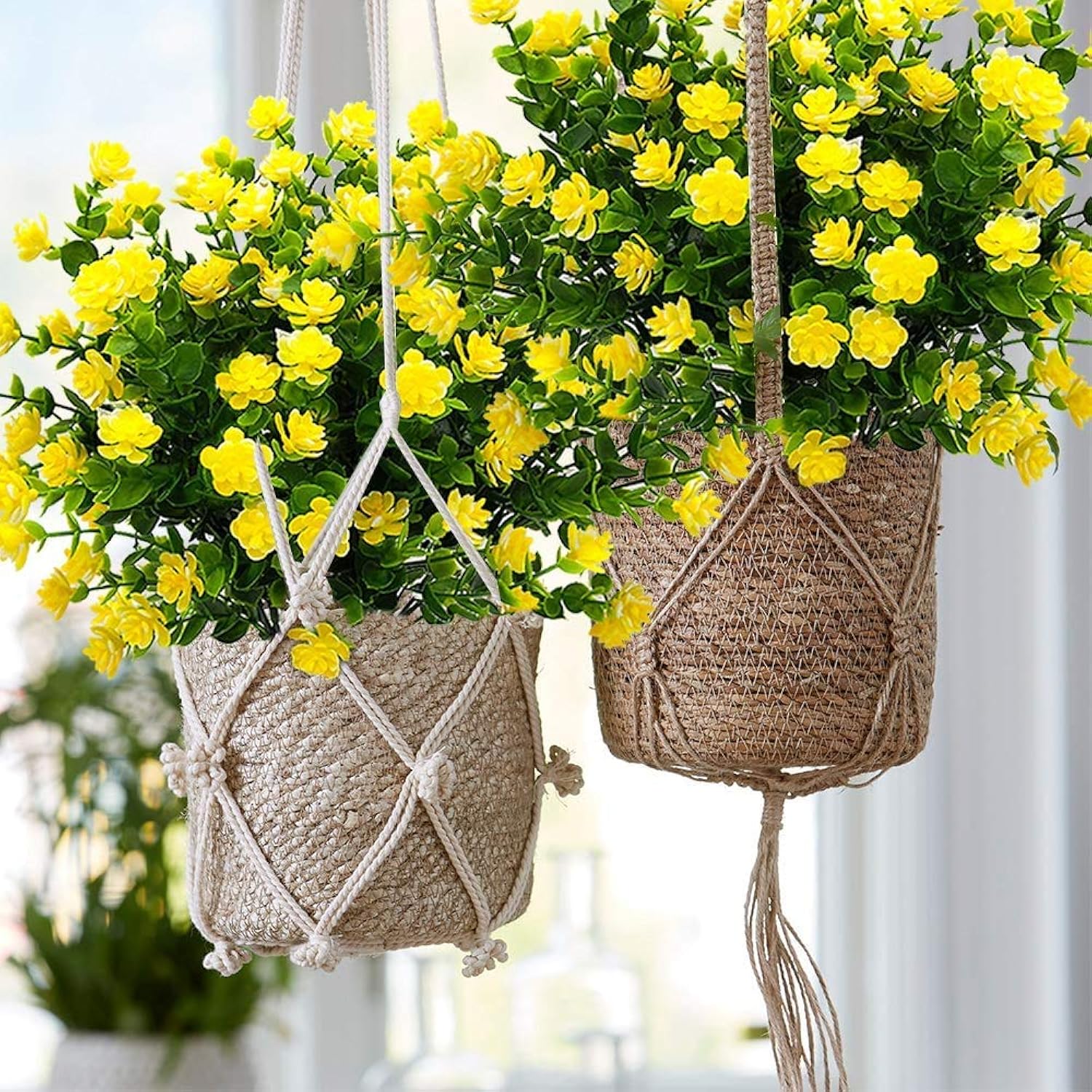 8 Bundles Artificial Flowers Outdoor Fake Mums Uv Resistant Plastic Flowers Faux Plants Indoor Outside Garden Porch Patio Window Box Wedding Home Décor (Yellow/8Pcs)