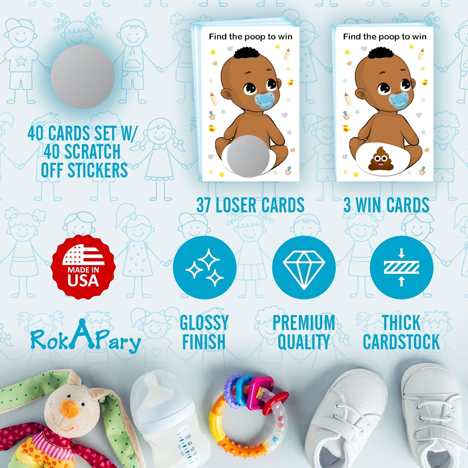 Baby Shower Boy Scratch Off Poop Game, Easy To Play Silly Games, Funny Idea, Ice Breaker Activity. Raffle Cards, Blue Pacifier, African American, Set Of 40 Cards Made In Usa