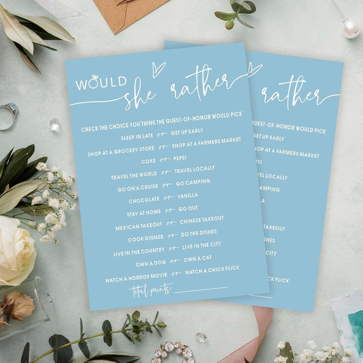 Minimalist Bridal Shower Games, Light Blue Would She Rather Game, 30 Wedding Bachelorette Engagement Party Decorations Supplies Favors - A09