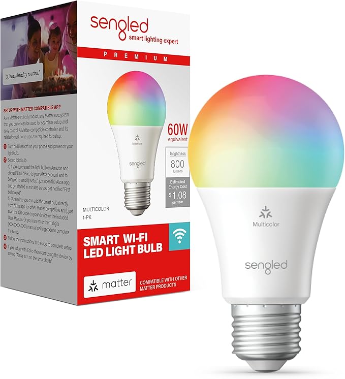 Matter A19 Smart LED Light Bulb 60W Equivalent 800LM RGB WiFi Alexa Google Apple Home Instant Pairing