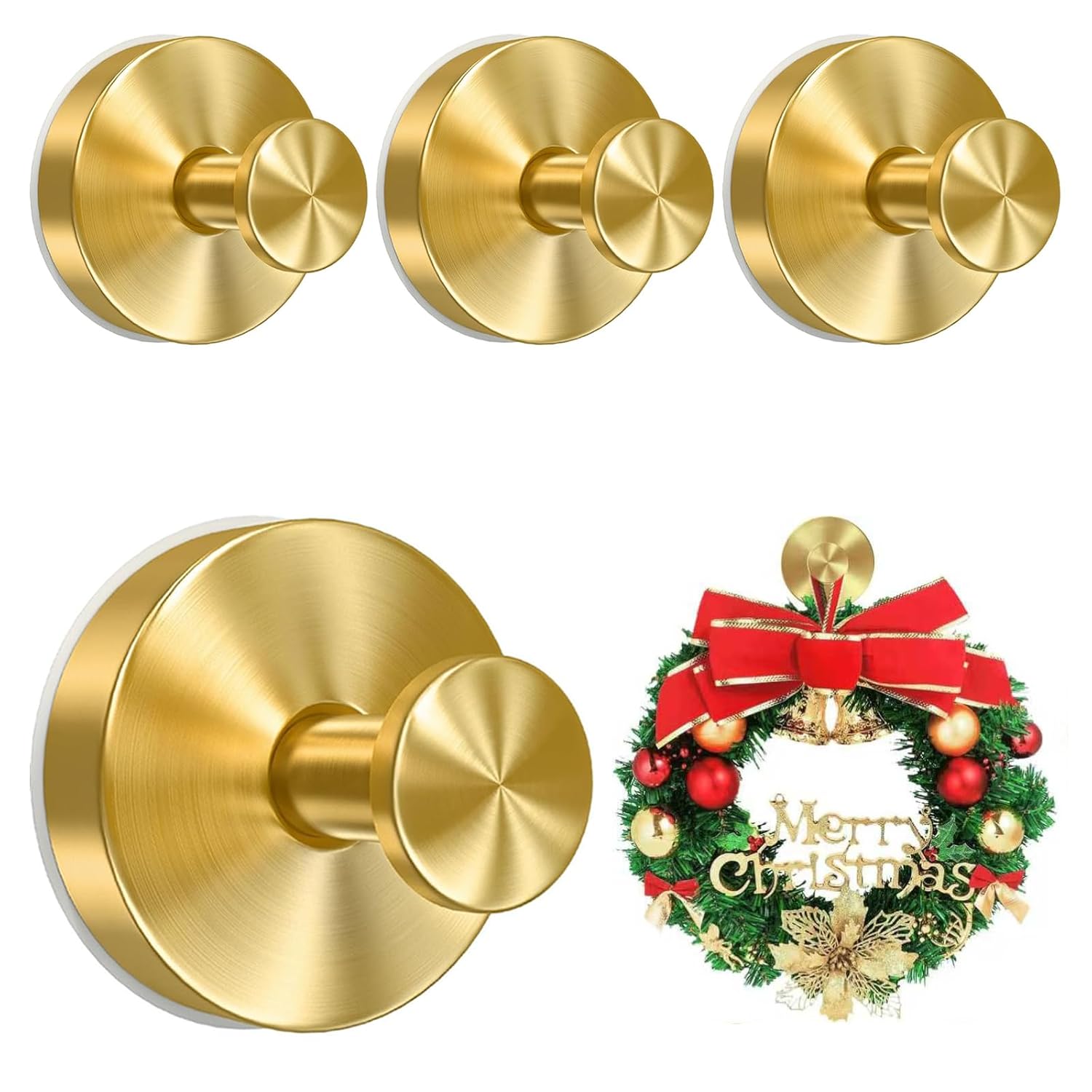 4Pack Suction Cup Hooks, Wreath Hangers For Front Door, New No Drill Door Garland Hanger For Door Wreaths, Reusable Holder For Glass Window, Door, Fall, Christmas, Welcome Sign(Gold)