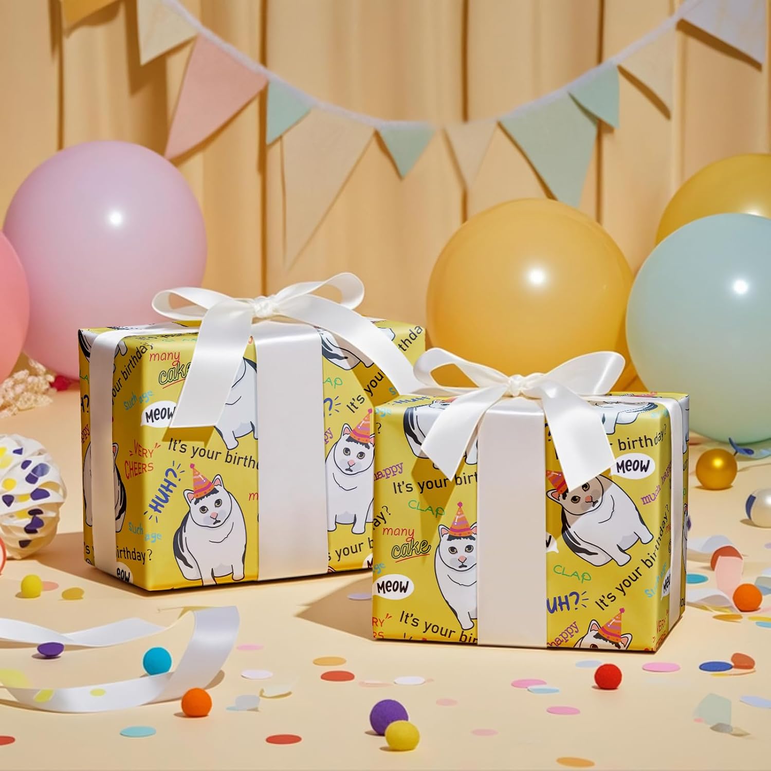 Funny Birthday Wrapping Paper - Mini Roll - Happy Birthday Cats Pattern For Party Gift Wrap And Special Occasions - 17 Inches X 16.4 Feet