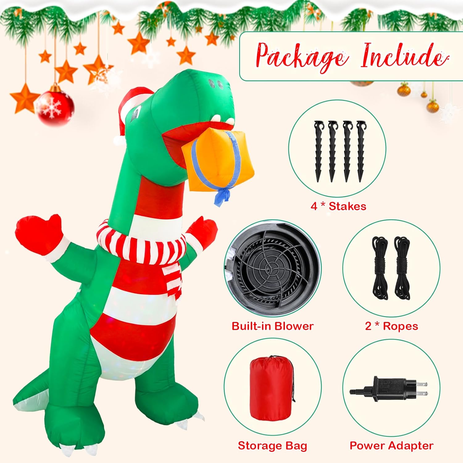 8Ft Christmas Inflatables Outdoor Decorations, Blow Up Yard Dinosaur Decoration With Christmas Hat & Gift Box, Built-In
