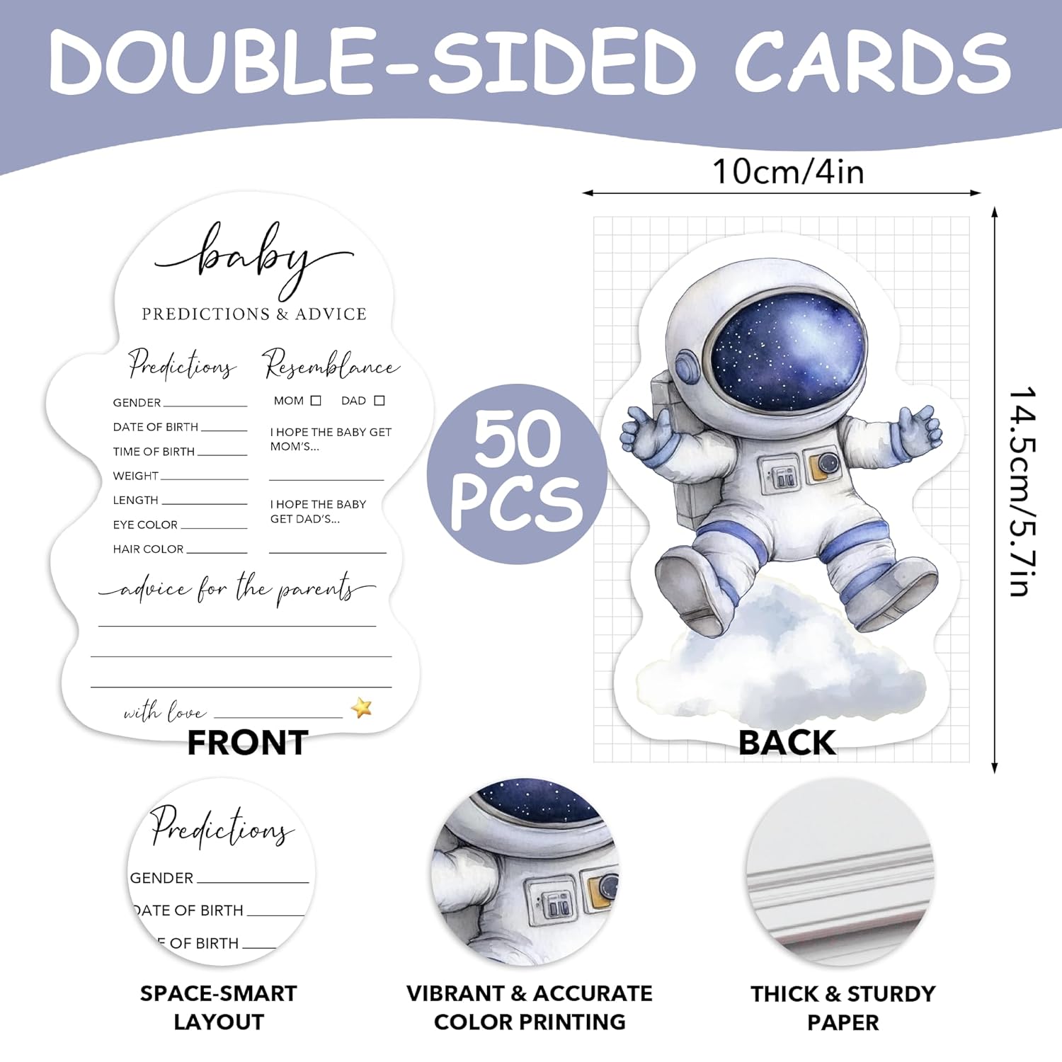 50 Pcs Double Side Baby Predictions & Advice Cards For New Parents Baby Shower Games For Wishes Decorations, Gender Reveal Games, Advice For New Parents To Be(Space Astronaut) -A01