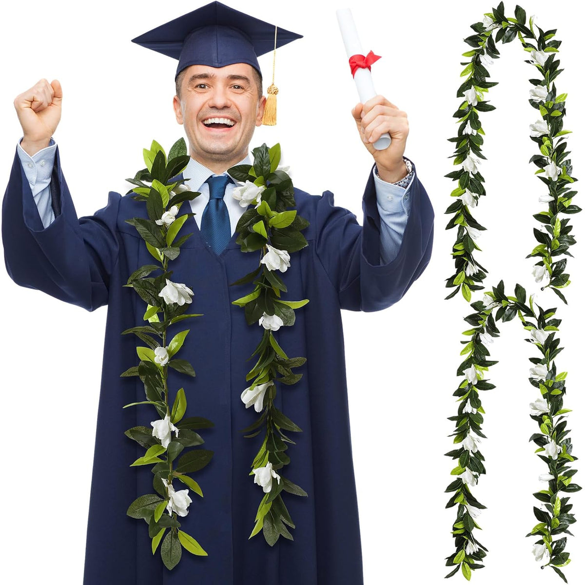2 Pcs Hawaiian Graduation Lei 6.56 Ft Maile Lei Green Garland White Tuberose 2026 Graduation Gift Leaf Flower Necklace For Wedding Hawaiian School Ceremony Luau Aloha Summer Party Supplies