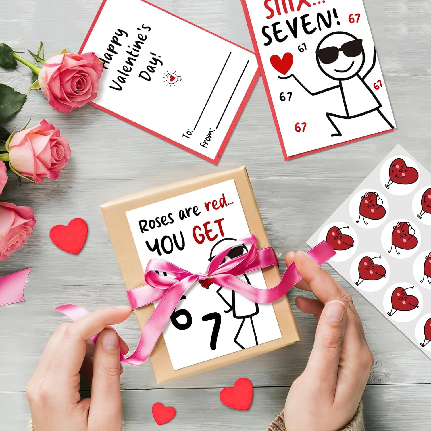 36 Pcs Funny Valentine’S Day Cards For Classroom Kids Tween, 6 7 Slang Valentines Card, Stick Figure Teen Slang Valentines Cards With Envelopes & Stickers
