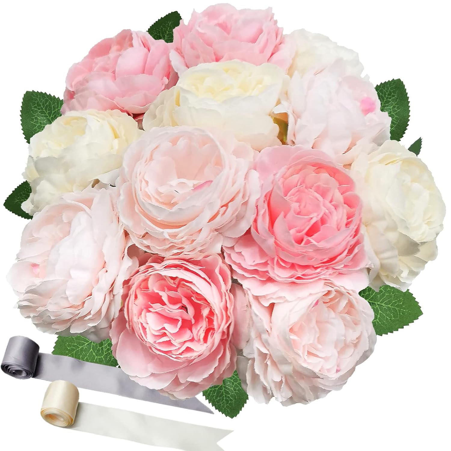 3 Corlors Artificial Peony Flowers With 2 Satin Ribbons & Greeting Card,12 Heads Real Touch Silk Peonies Bouquet For Wedding Bridal Bouquet, Home Office Table Centerpiece Decor