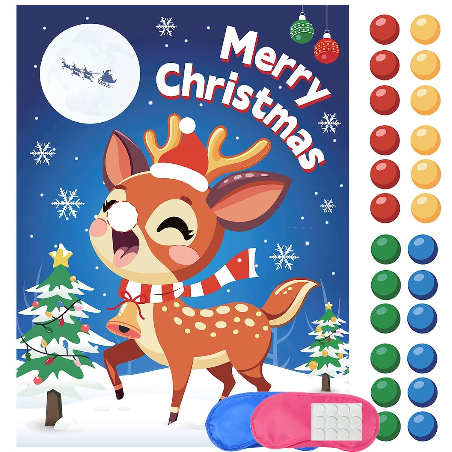 Christmas Games Pin The Noses On The Reindeer - Xmas Party Games Holiday New Year Activity 24 Stickers With 2 Blindfolds Winter Elk Party Supplies Pin Nose School Classroom Office Home Travel Trip