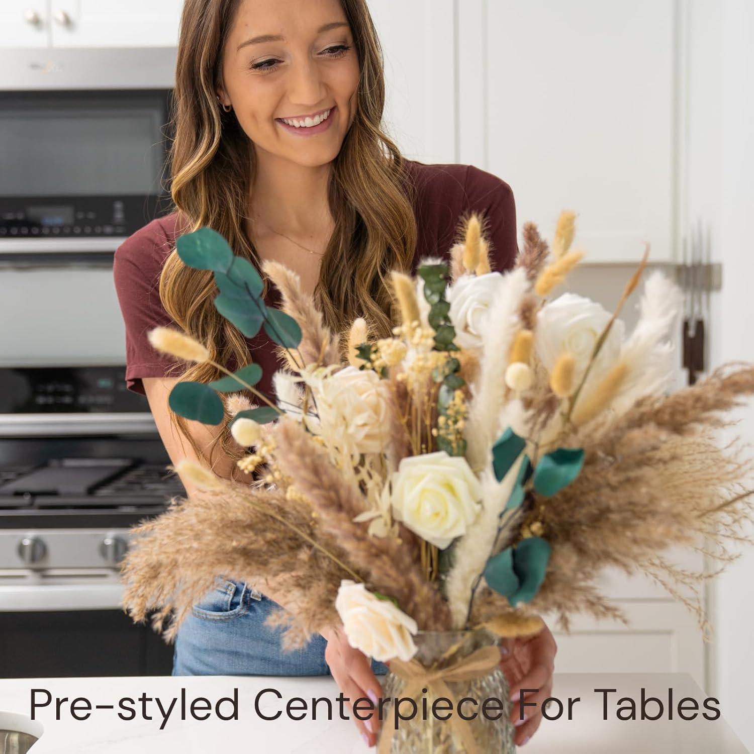 100Pcs Artificial Flowers Arrangement With Vase Included, Dining Table Centerpiece Decorations, Fake Flowers In Vase, Dried Pampas Grass Floral Centerpieces, Coffee Table Decor, Centro De Mesa