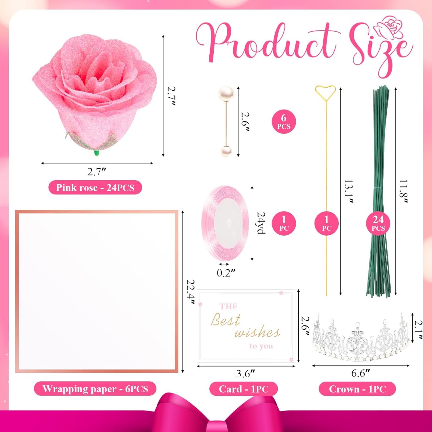 Glitter Roses Bouquet, Pink Flower Bouquet, Diy Fake Rose Flowers, Birthday Gifts For Women, Artificial Rose With Wrapping Paper Crowns Cards For Valentines Day Anniversary Engagement Wedding